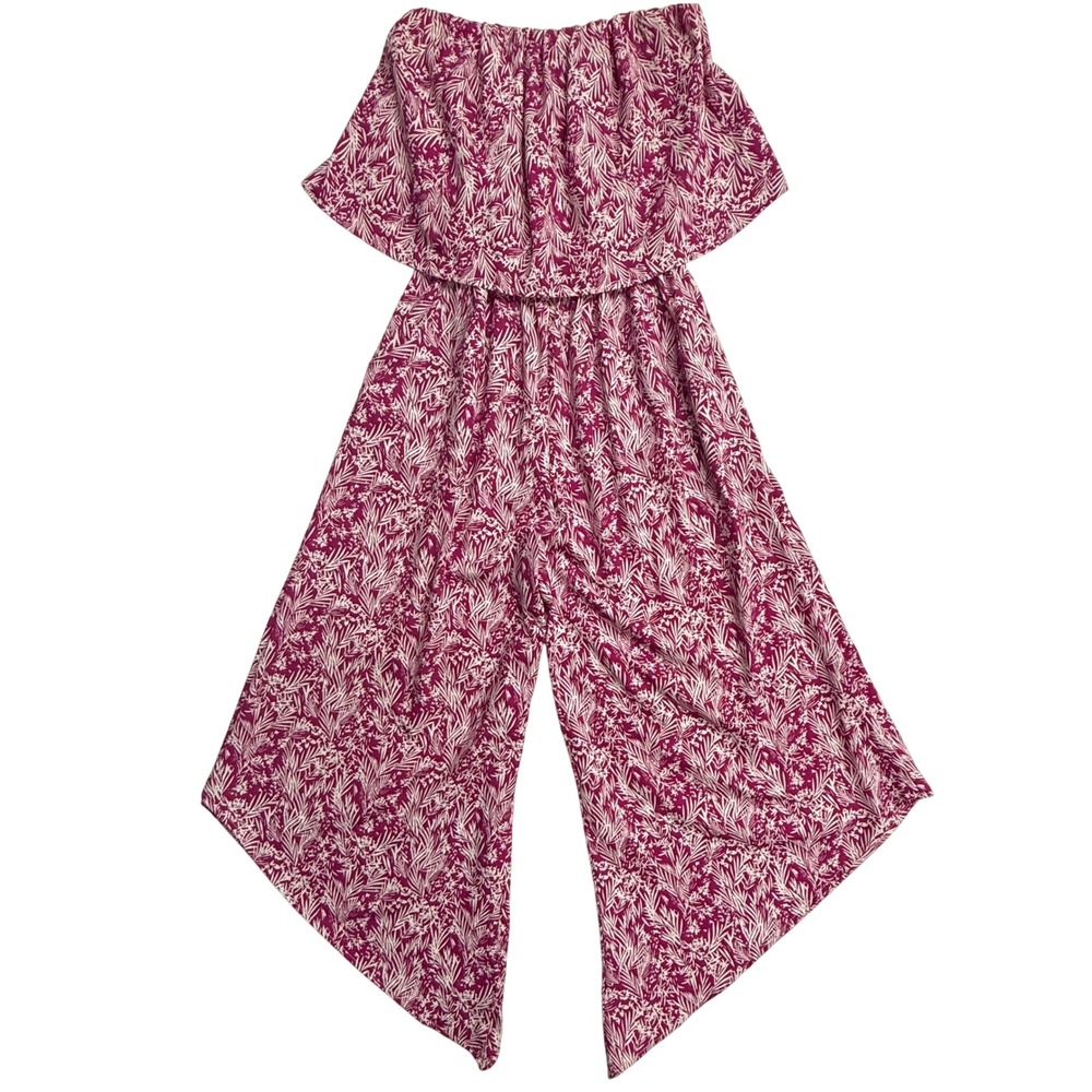 Tyche‎ Medium Pink Tropical Print Off Shoulder Jumpsuit Wide Leg Made USA